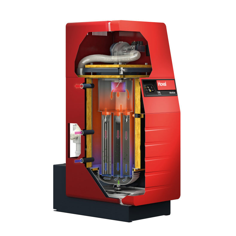 Large Red Hoval UltraGas Boiler on a white background with internal components highlighted