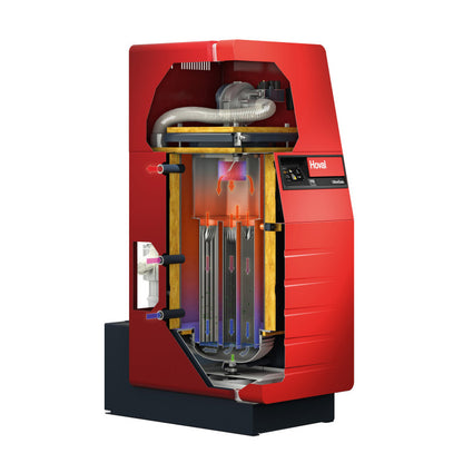 Large Red Hoval UltraGas Boiler on a white background with internal components highlighted