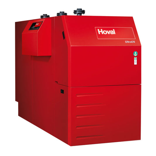 Large Red industrial Hoval boiler on a white background
