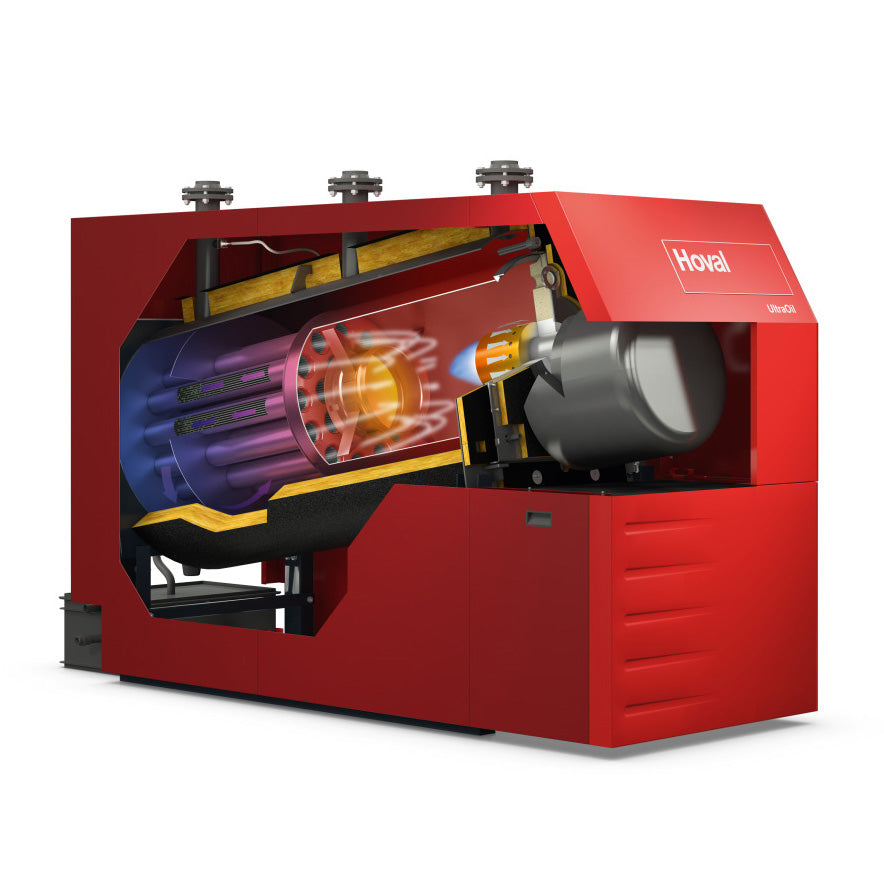 Large Red industrial Hoval boiler on a white background with visible components displayed