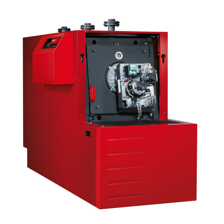 Large Red industrial Hoval boiler with the front cover removed on a white background