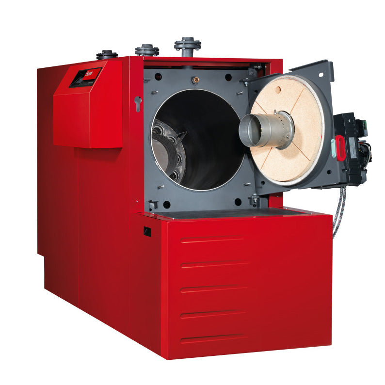 Large Red industrial Hoval boiler with the front hatch open on a white background