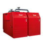 Two red Hoval industrial boilers connected by metal pipes on the top set on a white background