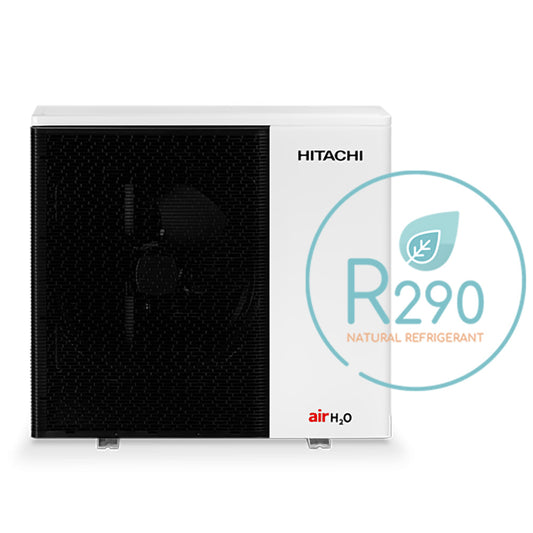 Hitachi air conditioning unit with R290 natural refrigerant label on a white background