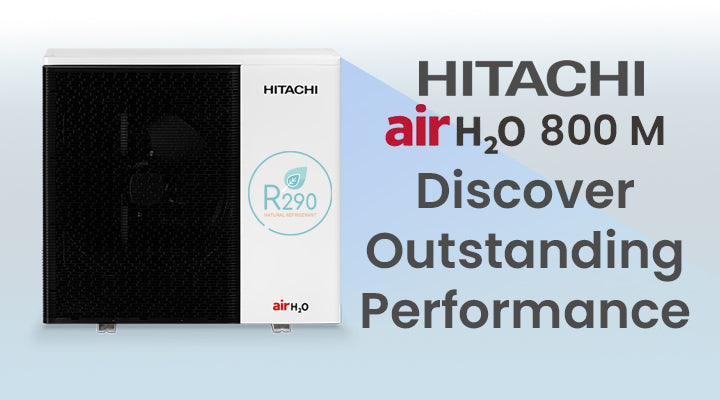Hitachi air conditioning unit with branding and product name on a light blue background