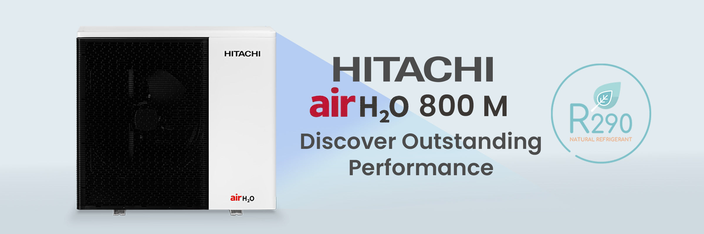 Hitachi airH2O 800 M air conditioner with branding and product details on a light blue background
