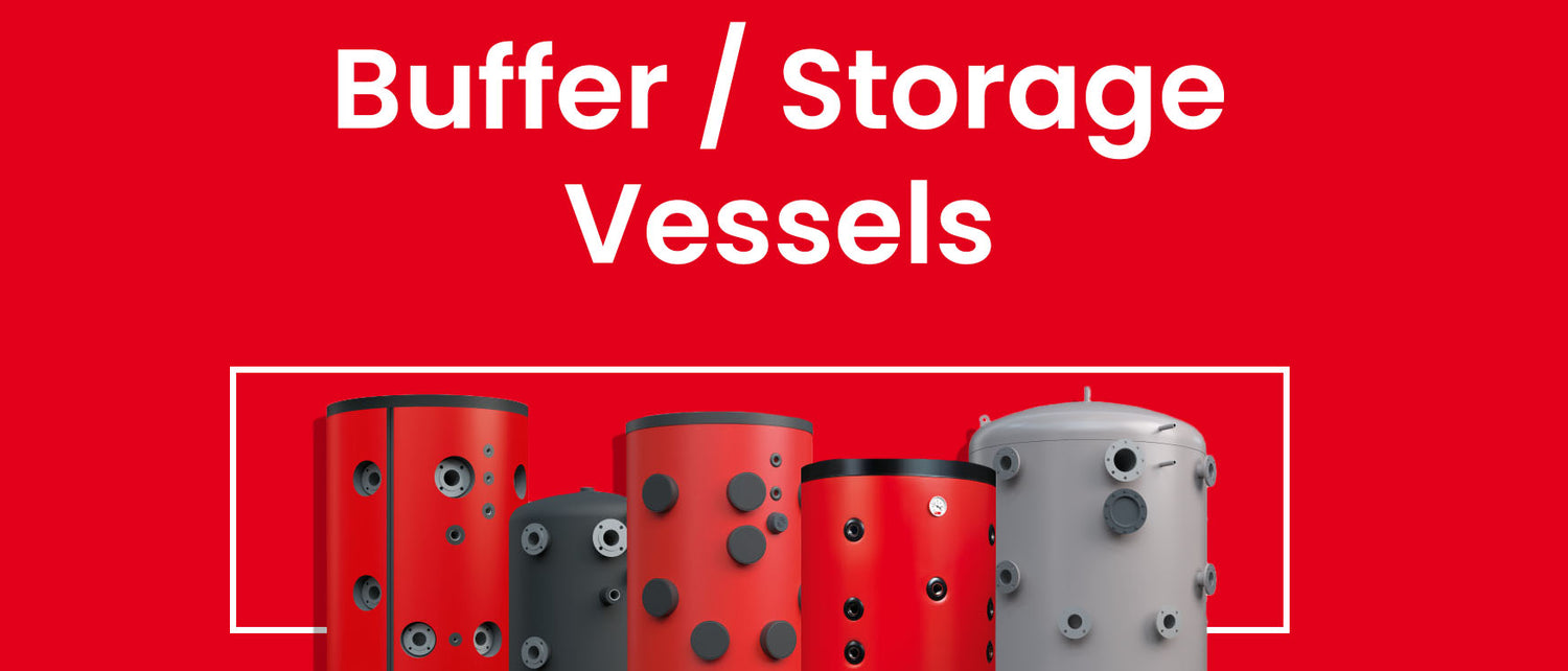 Red and gray cylindrical storage vessels with 'Buffer / Storage Vessels' text on a red background