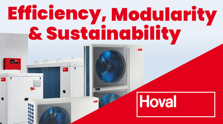 Hoval air conditioning units with 'Efficiency, Modularity & Sustainability' text on a red and white background.