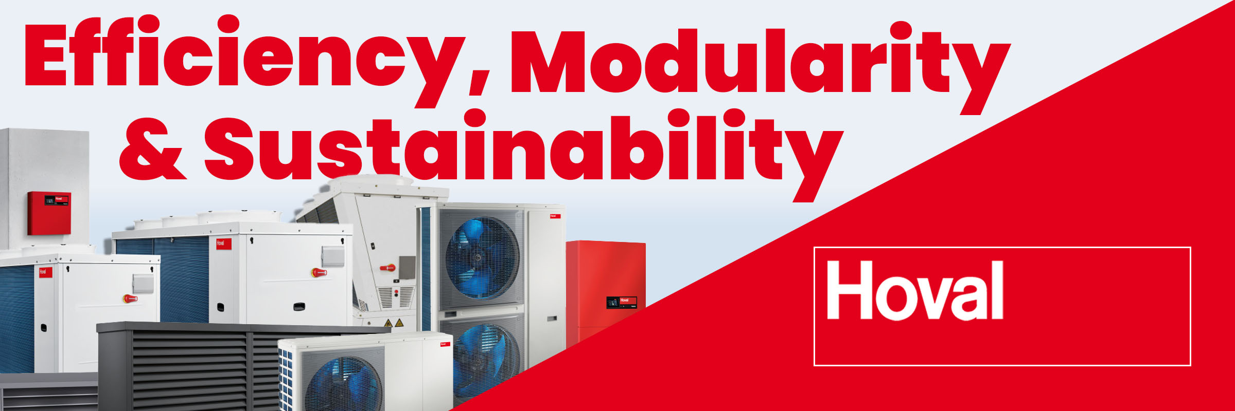 Advertisement for Hoval with text 'Efficiency, Modularity & Sustainability' on a red and white background.